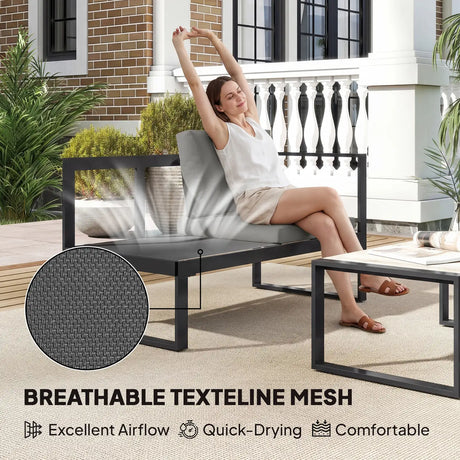 Outsunny 4 Piece Garden Furniture Set, Garden Sofa Set with 2 Loveseats, Armless Chair, Coffee Table for Balcony, Dark Grey