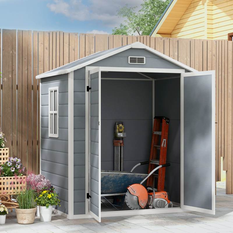 Outsunny 6'x4.5' Garden Storage Shed, Lockable Garden Shed with Double Doors, Window, Vent and Plastic Roof, Grey