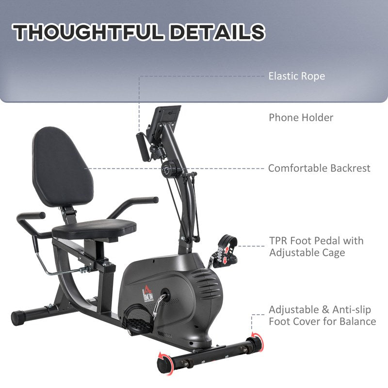 HOMCOM Recumbent Exercise Bike Recovery Exerciser, 8-Level Magnetic Resistance Stationary Bike with Pad Holder, LCD Monitor, for Indoor Cardio Workout, Black