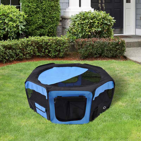 PawHut Portable Cat Dog Playpen Pet Puppy Rabbit Guinea Pig Pen Run Dia 90 x 41H cm Indoor & Outdoor Blue