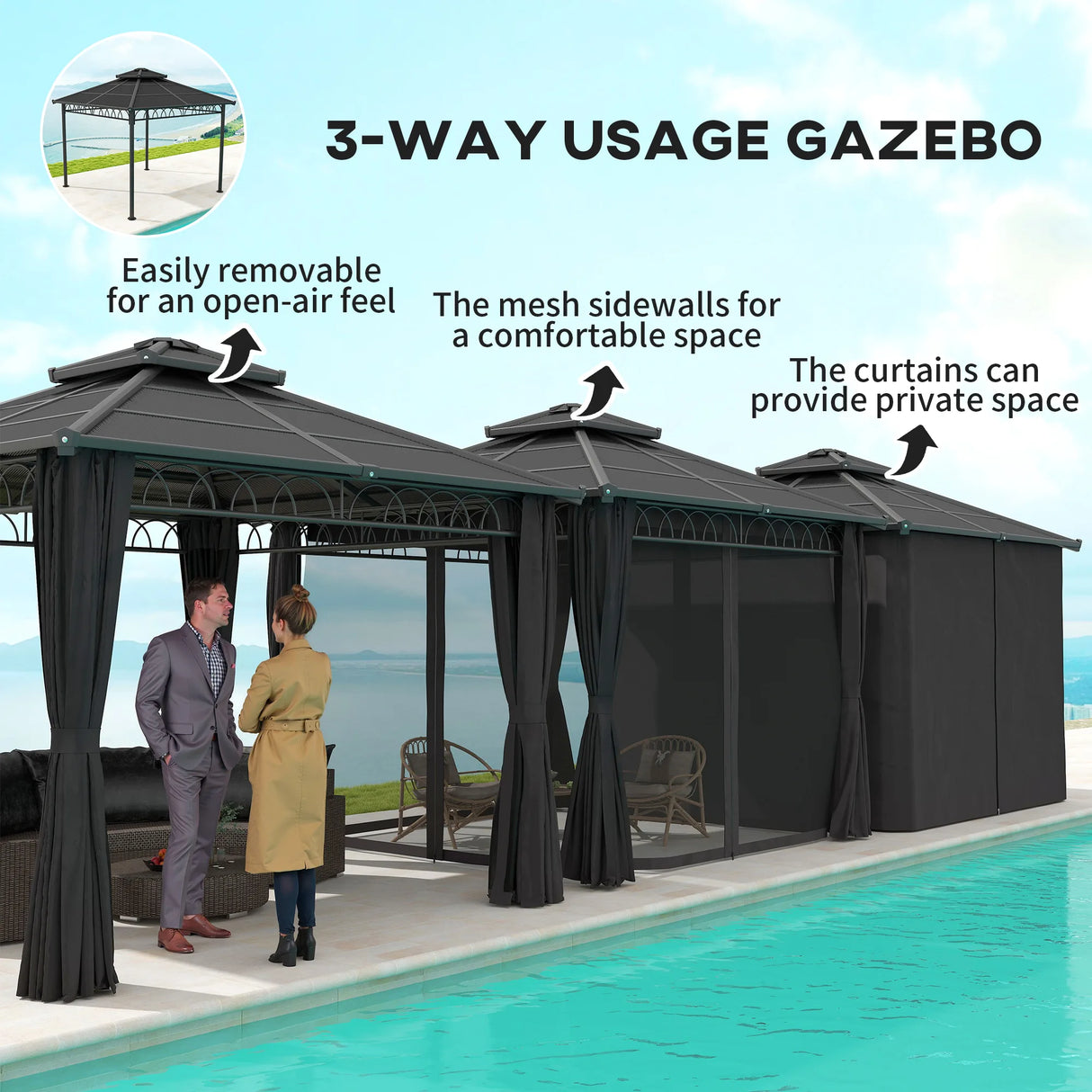 Outsunny 3 x 3 (m) Outdoor Polycarbonate Gazebo, Double Roof Hard Top Gazebo with Galvanised Steel Frame, Nettings & Curtains for Garden, Lawn, Patio and Deck, Dark Grey