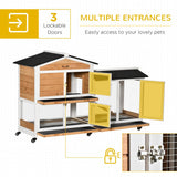 PawHut Rabbit Hutch Outdoor with Run Guinea Pig Hutch 2-Tier Bunny Cage w/ Wheels No-Leak Plastic Tray 157.4 x 53 x 99.5 cm - Yellow