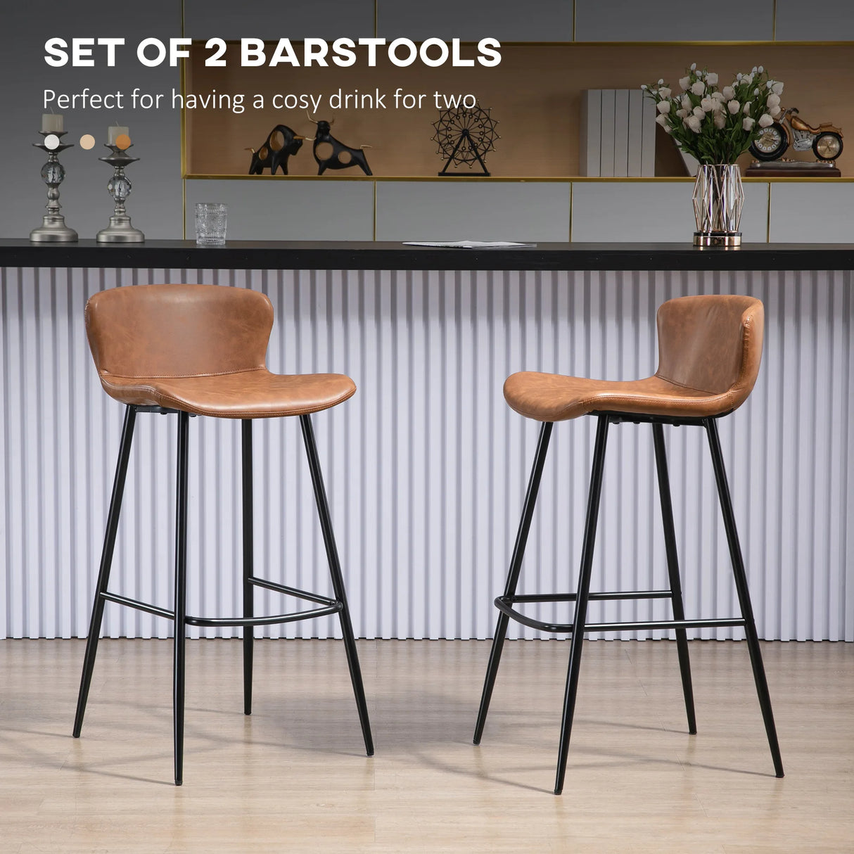 HOMCOM Bar Stools Set of 2, PU Leather Upholstered Bar Chairs, Breakfast Kitchen Counter Chairs with Backs, Steel Legs and Footrests for Dining Room, Brown