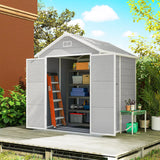 Outsunny 6 x 5ft Garden Shed, Plastic Shed with Floor, Window, Lockable Doors and Vents, Wood Effect Resin Tool Shed for Outdoor Patio, Light Grey