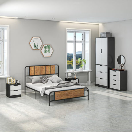 HOMCOM Bedroom Furniture Set, Wardrobe with Hanging Rod, 4 Drawer Chest of Drawers, 2 Bedside Tables with Storage, White and Black