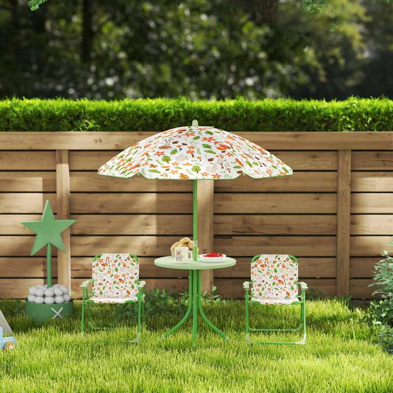 AIYAPLAY 4-Piece Kids Garden Table and Chair Set with Adjustable Parasol, Folding Chairs, Table, Nature Pattern, Green