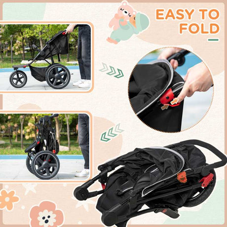 HOMCOM Foldable Three-Wheeler Baby Stroller w/ Canopy, Storage Basket - Black