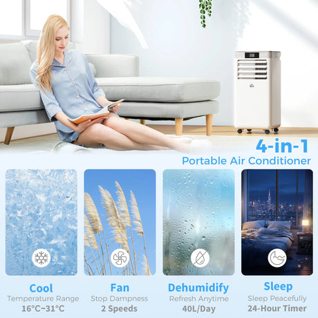HOMCOM 10000 BTU Air Conditioning Unit, 4-in-1 Portable Air Conditioner, Dehumidifier, Cooling, Fan, Sleep Mode, with Remote Control, LED Display, 2 Speeds, 24H Timer, Window Venting Kit, 22m2
