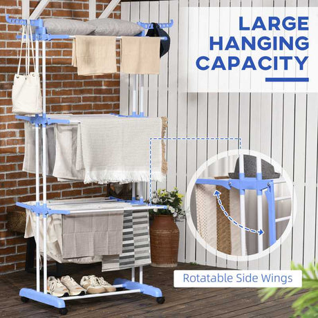 HOMCOM Foldable Clothes Drying Rack, 4-Tier Steel Garment Laundry Rack with Castors for Indoor and Outdoor Use, Blue