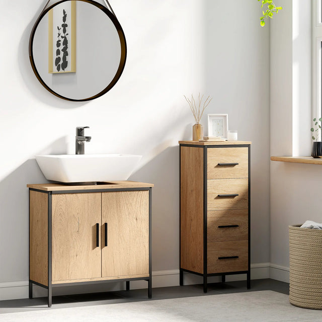 HOMCOM Bathroom Vanity Unit, Under Sink Storage Cabinet with 2 Doors, Adjustable Shelf for Basin without or with Pedestal, Oak