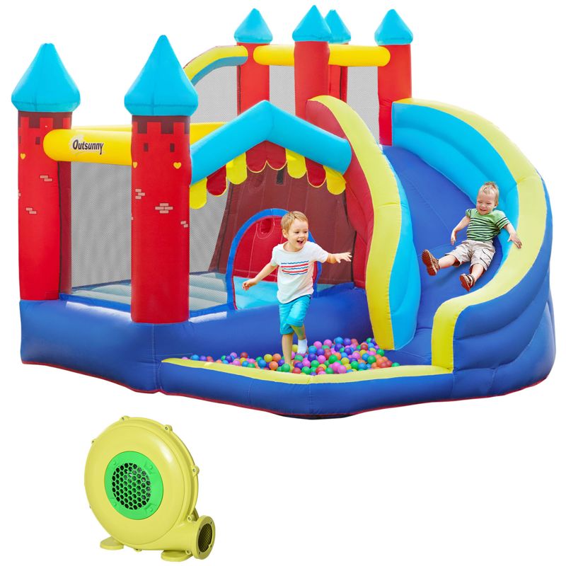 Outsunny Kids Bouncy Castle, with Slide, Pool, Trampoline, Climbing Wall, Blower