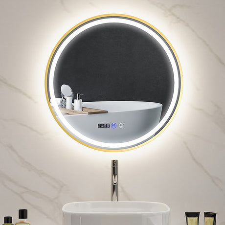 HOMCOM Round Bathroom Mirror with LED Lights, 600mm Backlit Illuminated Bathroom Mirror, Dimmable Wall Mounted Vanity Mirror with Demister Pad, Touch Switch, Time and Temp Display, Gold Tone