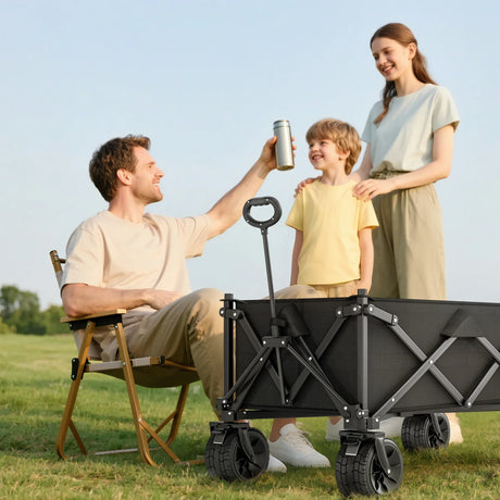 Outsunny Folding Garden Trolley, Outdoor Wagon Cart with Carry Bag, for Beach, Camping, Festival, 120KG Capacity, Black