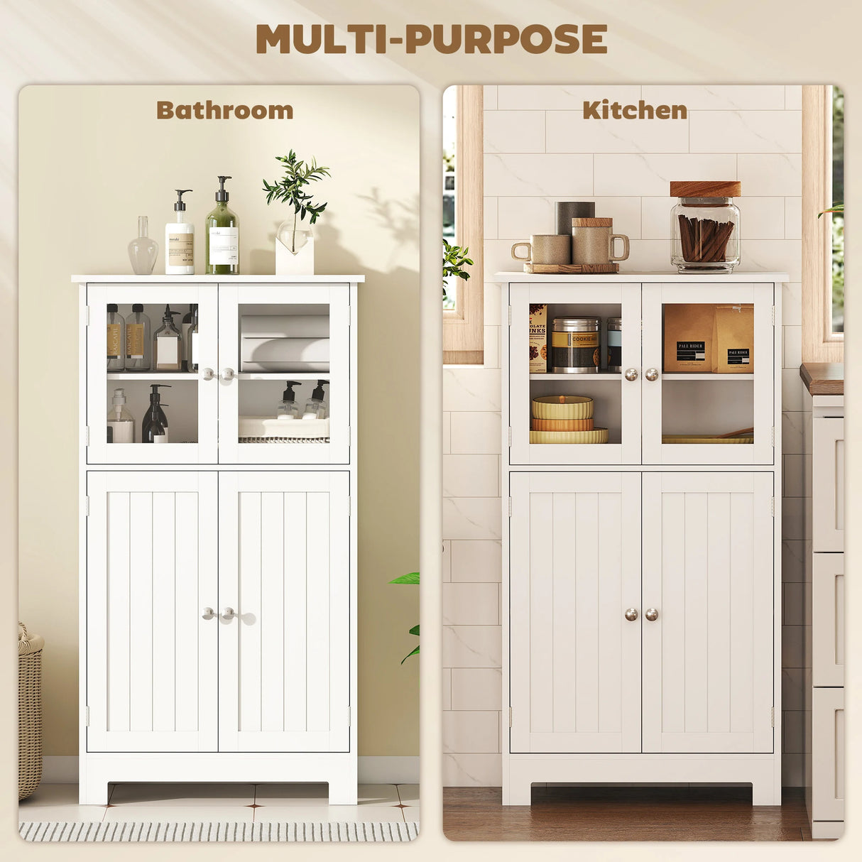 kleankin Bathroom Floor Cabinet, Freestanding Kitchen Cupboard with 2 Drawers, Adjustable Shelves and Tempered Glass Door, Wooden  Storage Unit for Living Room Kitchen Hallway