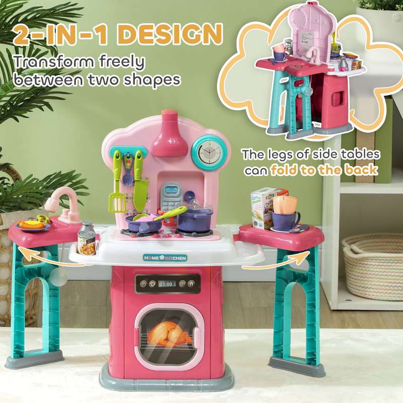 AIYAPLAY 45-Piece Kids Kitchen, Toy Kitchen, with Rotating Side Tables, Lights, Sound Spray