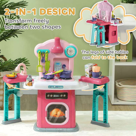 AIYAPLAY 45-Piece Kids Kitchen, Toy Kitchen, with Rotating Side Tables, Lights, Sound Spray