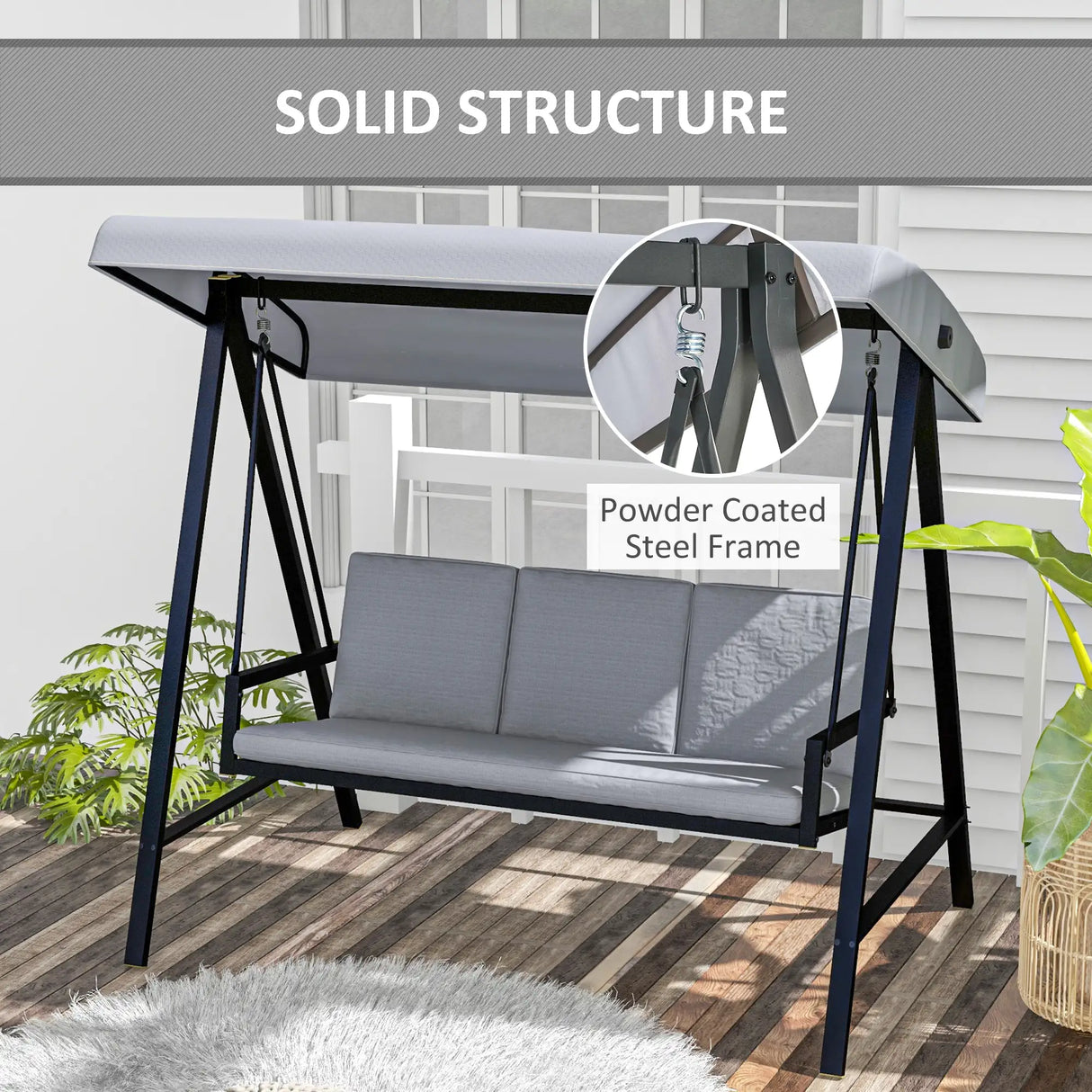 Outsunny Three-Seat Garden Swing Chair, with Adjustable Canopy - Grey