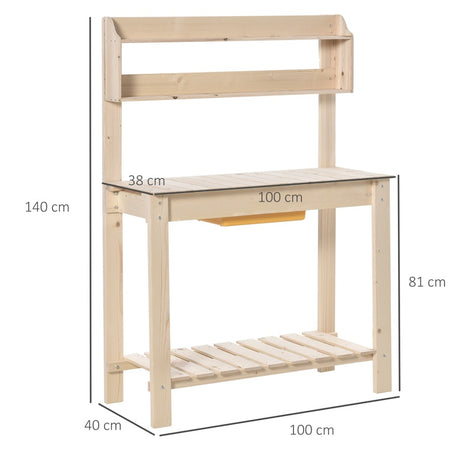 Outsunny Garden Potting Bench w/ Sliding Tabletop, Wooden Workstation w/ Dry Sink, Outdoor Workbench Potting Table w/ Storage Shelf & Hooks, Natural