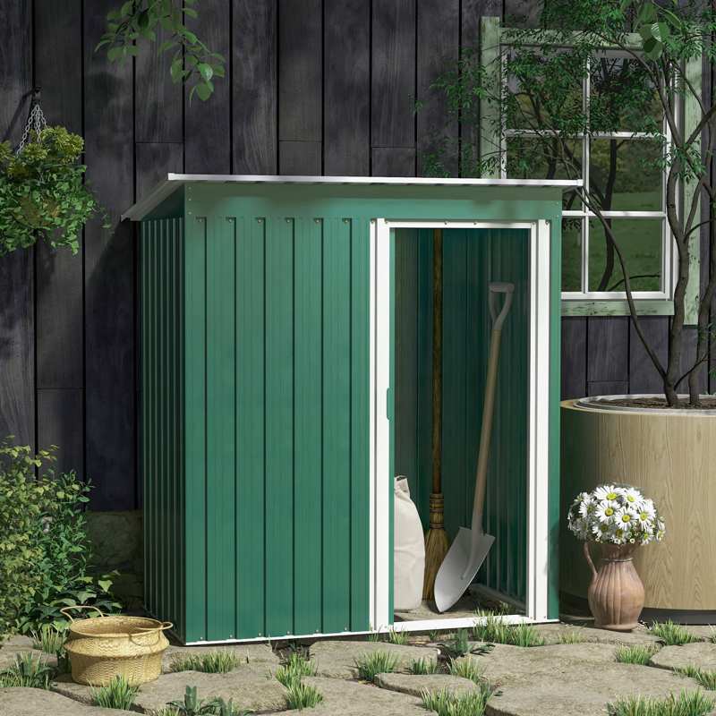 Outsunny 5 x 3ft Garden Storage Shed with Sliding Door and Sloped Roof Outdoor Equipment Tool, Green