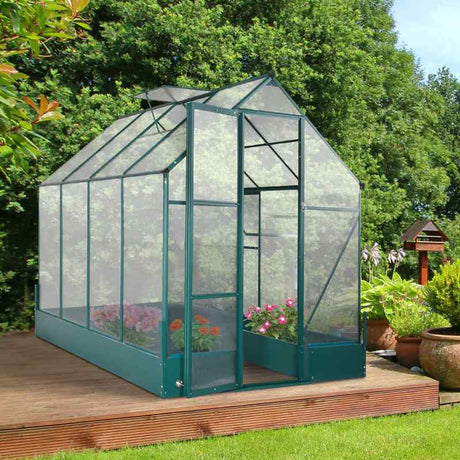 Outsunny 6x8 FT Polycarbonate Greenhouse with Base and Raised Bed, Walk-in Greenhouse with Aluminium Frame, Temperature Controlled Window, Foundation for Plants, Flowers, Vegetable