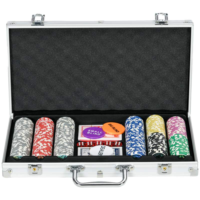 SPORTNOW 300-Piece Poker Chips Set, Poker Set with Mat, Chips, Two Card Decks, Dealer, Five Dices