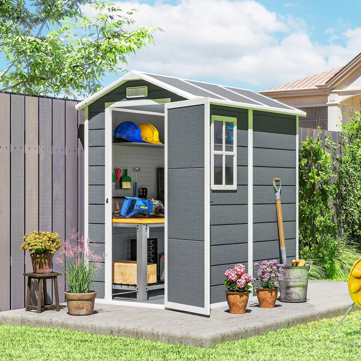 Outsunny 4 x 6ft Garden Shed, Plastic Shed with Floor, Window, Lockable Door and Vents, Resin Tool Shed for Outdoor Patio Storage, Zero Maintenance, Grey