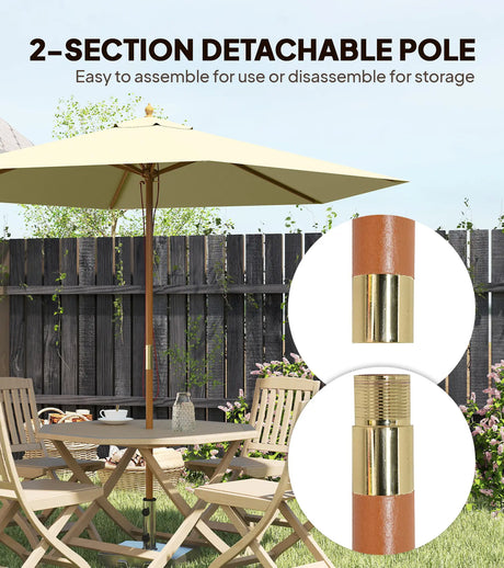 Outsunny 2.5m Wood Garden Parasol Sun Shade Patio Outdoor Wooden Umbrella Canopy, Table Market Umbrella with Vent, 38mm Pole, Rope Pulley Mechanism, Cream White