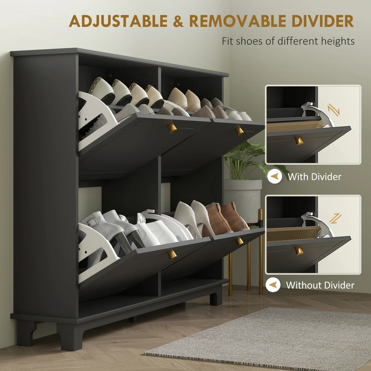 HOMCOM Narrow Shoe Storage Cabinet, Slim Shoe Cabinet with 4 Flip Drawers, Adjustable Shelves for 16 Pairs of Shoes, Black