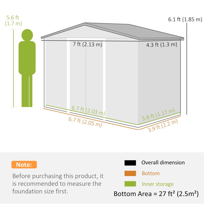 Outsunny 7 x 4ft Metal Garden Shed, Outdoor Storage Tool House with Ventilation Slots, Foundation Kit and Lockable Double Doors, Brown