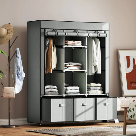 HOMCOM Fabric Wardrobe for Bedroom, Portable Wardrobe with 5 Shelves, 2 Hanging Rails and 3 Fabric Drawers, Foldable Closet, 125 x 43 x 162.5cm, Light Grey