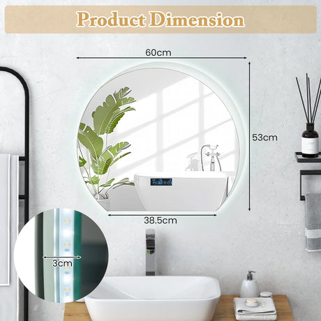 Half Circle LED Bathroom Mirror with Touch Switch and 3-Color Lights