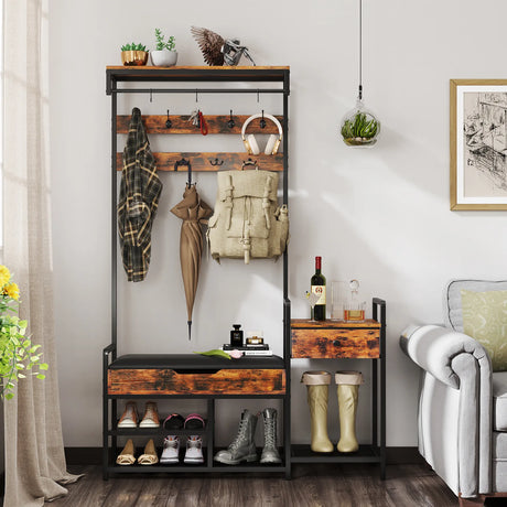 178 cm Freestanding Hall Tree with Shoe Storage Bench-Brown