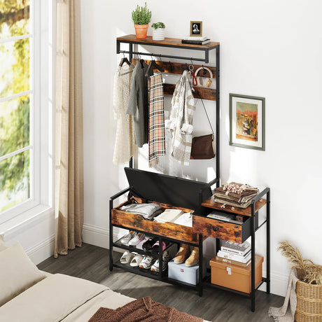 178 cm Freestanding Hall Tree with Shoe Storage Bench-Brown