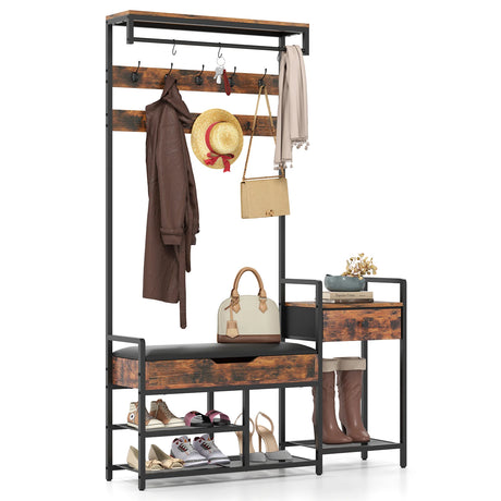 178 cm Freestanding Hall Tree with Shoe Storage Bench-Brown