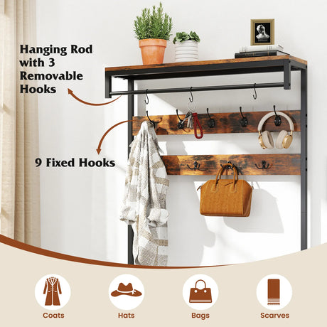 178 cm Freestanding Hall Tree with Shoe Storage Bench-Brown
