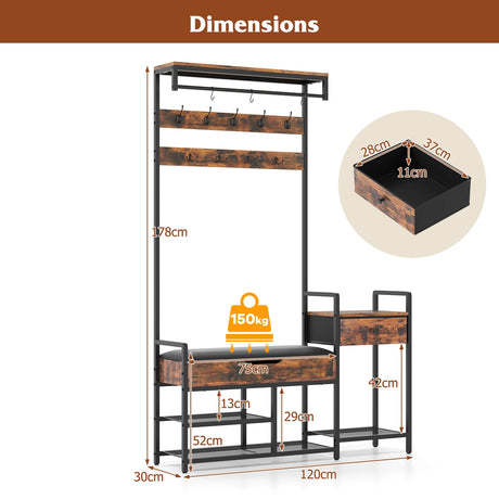 178 cm Freestanding Hall Tree with Shoe Storage Bench-Brown