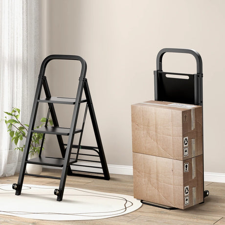 2 in 1 Hand Truck and Ladder Combo with Rubber Wheels, Handle for Warehouse, Garage, Home