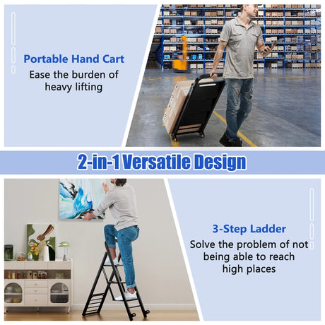 2 in 1 Hand Truck and Ladder Combo with Rubber Wheels, Handle for Warehouse, Garage, Home