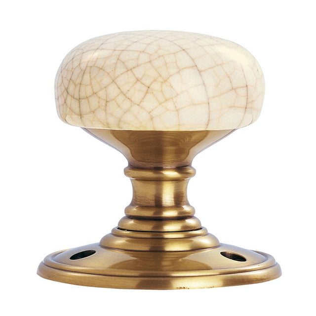 DELAMAIN PORCELAIN KNOB (IVORY CRACKLE GLAZE) ON FLORENTINE BRONZE FACE FIX ROSE - IVORY CRACKLE GLAZE/FLORENTINE BRONZE - 60 mm - PAIR