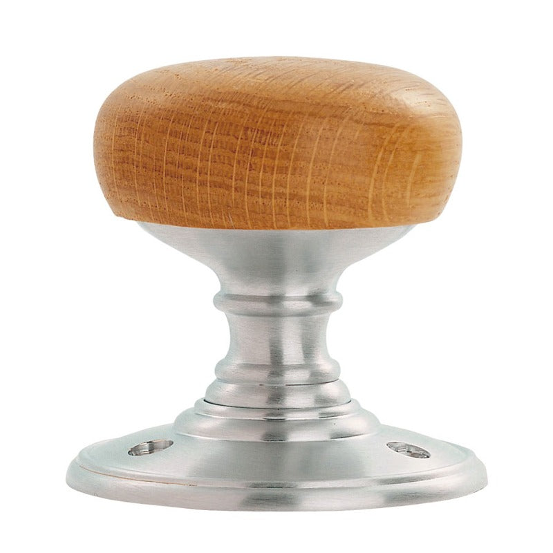 DELAMAIN WOODEN (OAK) KNOB ON SATIN CHROME FACE FIX ROSE - WOOD OAK/SATIN CHROME - 60mm - PAIR