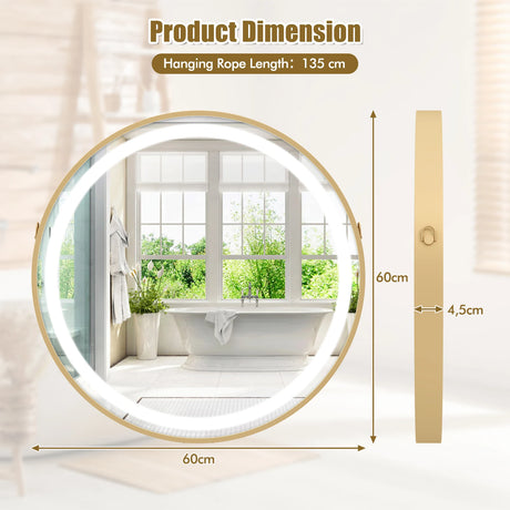 Hanging Wall Bathroom Mirror with Hanging Strap and 3 Colors LED Light-Silver
