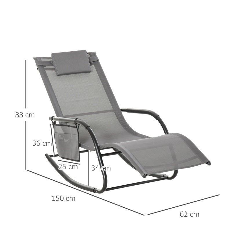 Outsunny Outdoor Garden Rocking Chair, Patio Sun Lounger Rocker Chair with Breathable Mesh Fabric, Removable Headrest Pillow, Armrest, Side Storage Bag, Grey