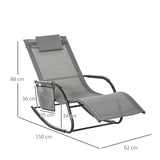 Outsunny Outdoor Garden Rocking Chair, Patio Sun Lounger Rocker Chair with Breathable Mesh Fabric, Removable Headrest Pillow, Armrest, Side Storage Bag, Grey