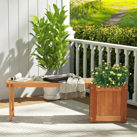 Teak Oil Finish Raised Garden Bed Wood Planter Box with Bench