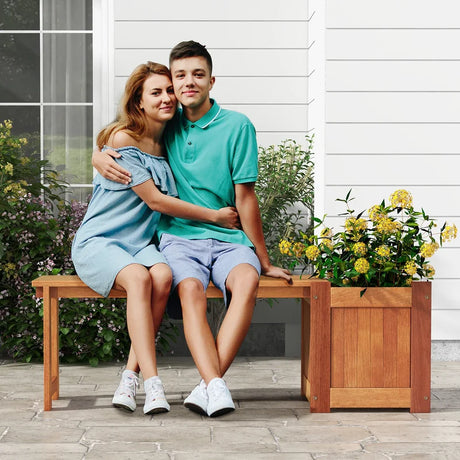 Teak Oil Finish Raised Garden Bed Wood Planter Box with Bench