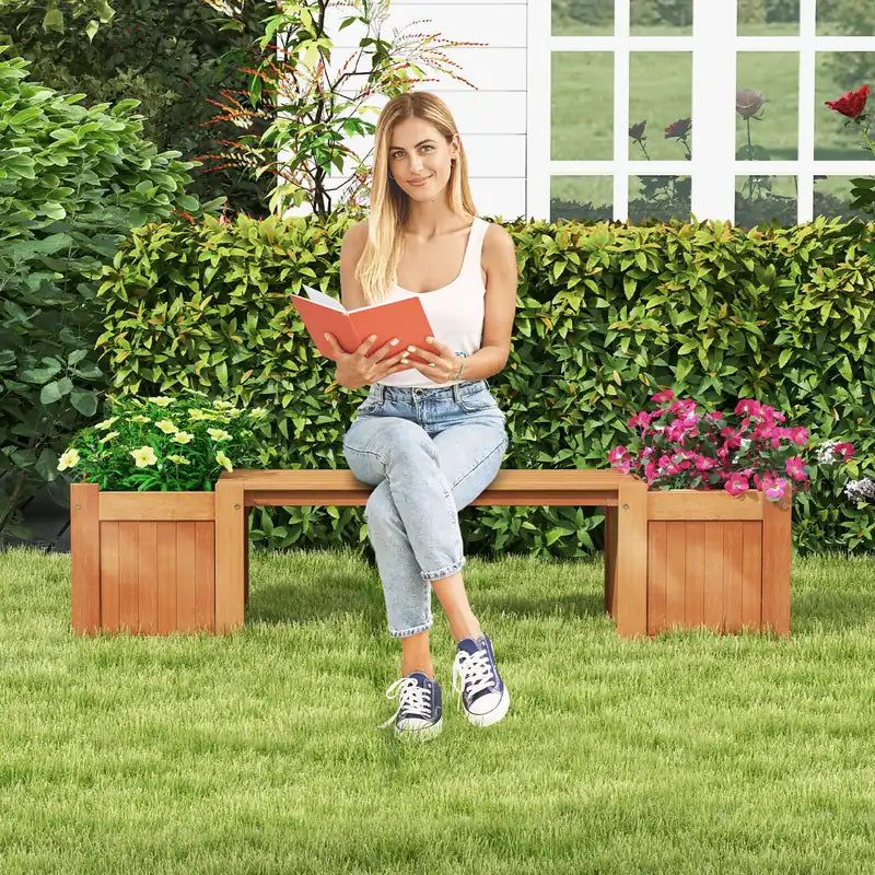 Hardwood Planter Box with Bench for Garden Yard Balcony