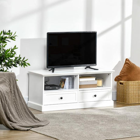 HOMCOM Modern TV Unit Cabinet for TVs up to 45 Inches, TV Stand with Drawers, Open Shelves, Cable Holes for Living Room, White