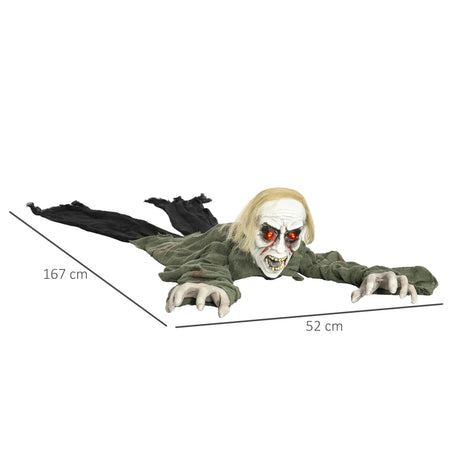 HOMCOM 167 cm Outdoor Halloween Decoration Crawling Zombie, Animated Prop Decor with Sound Activated, Light Up Eyes