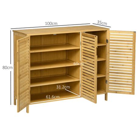 HOMCOM Rustic Shoe Cabinet, 3 Door Shoe Storage Cabinet with 8 Shelves, Natural Wood Finish