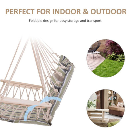 Outsunny Garden Outdoor Hanging Hammock Chair Thick Rope Frame Wooden Arms Safe Wide Seat Garden Outdoor Spot Stylish Multicoloured stripes